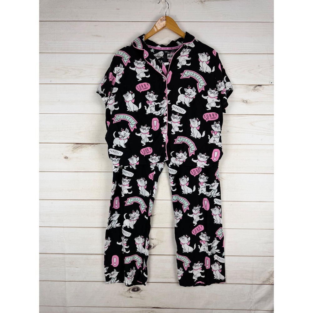 Disney Aristocats Marie Pajama Set XL Black Pink Viscose Short Sleeve Pants 2PC